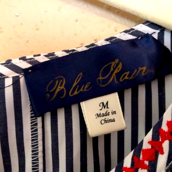 Sz M Francesca’s Blue Rain Red Embroidered Blue Striped Shirt - Picture 11 of 12